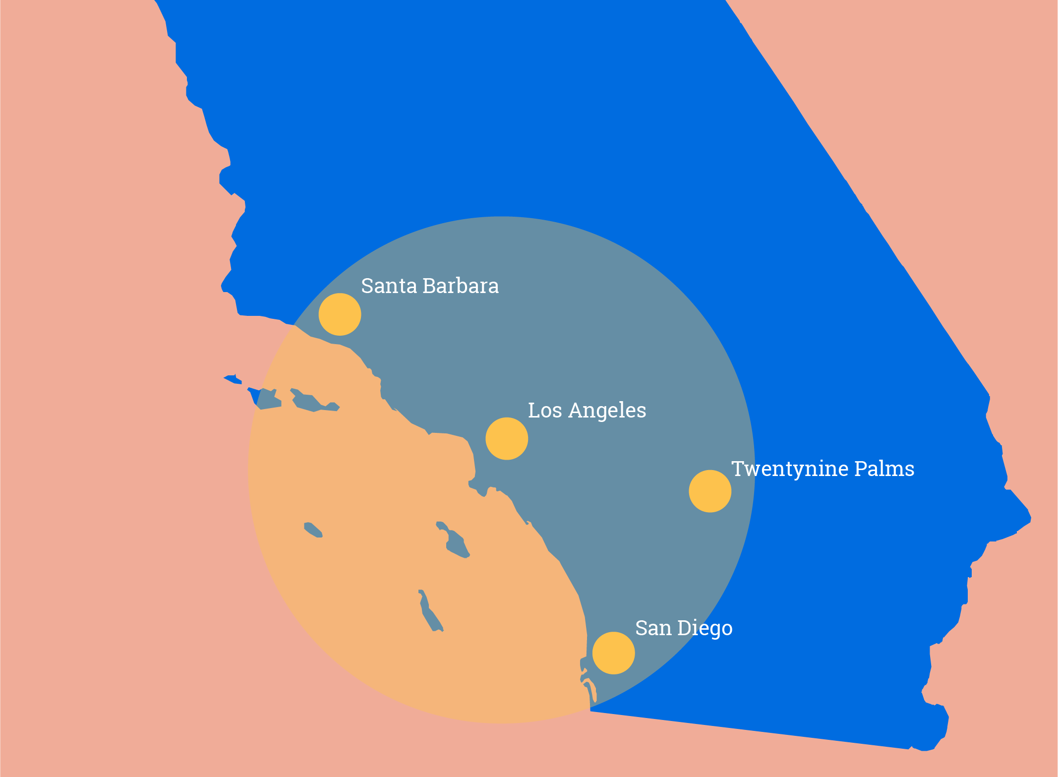 Map showing range of where we offer drug testing in Southern California